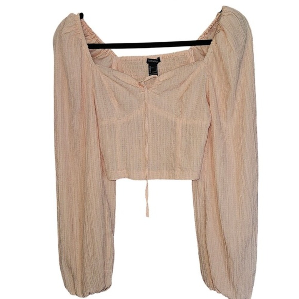 Forever 21 Peach Textured Balloon Sleeve Smocked Back Tie Front‎ Crop Top Small